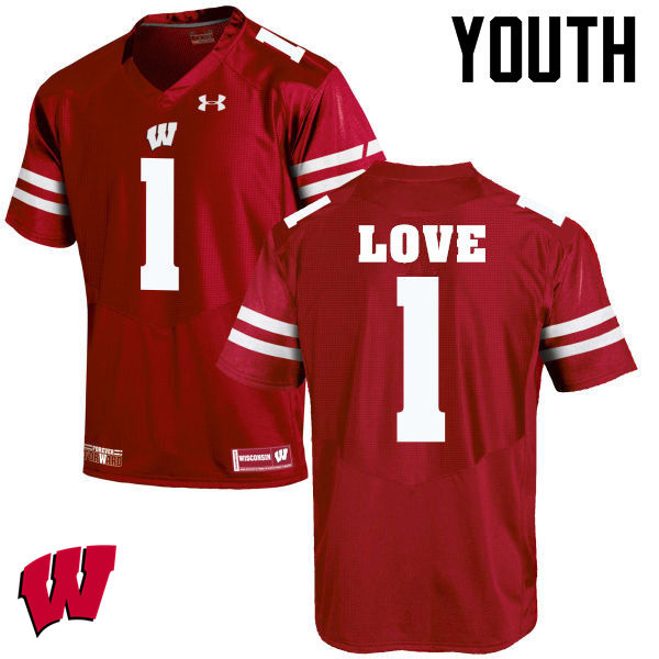 Wisconsin Badgers Youth #1 Reggie Love NCAA Under Armour Authentic Red College Stitched Football Jersey PF40R52QP